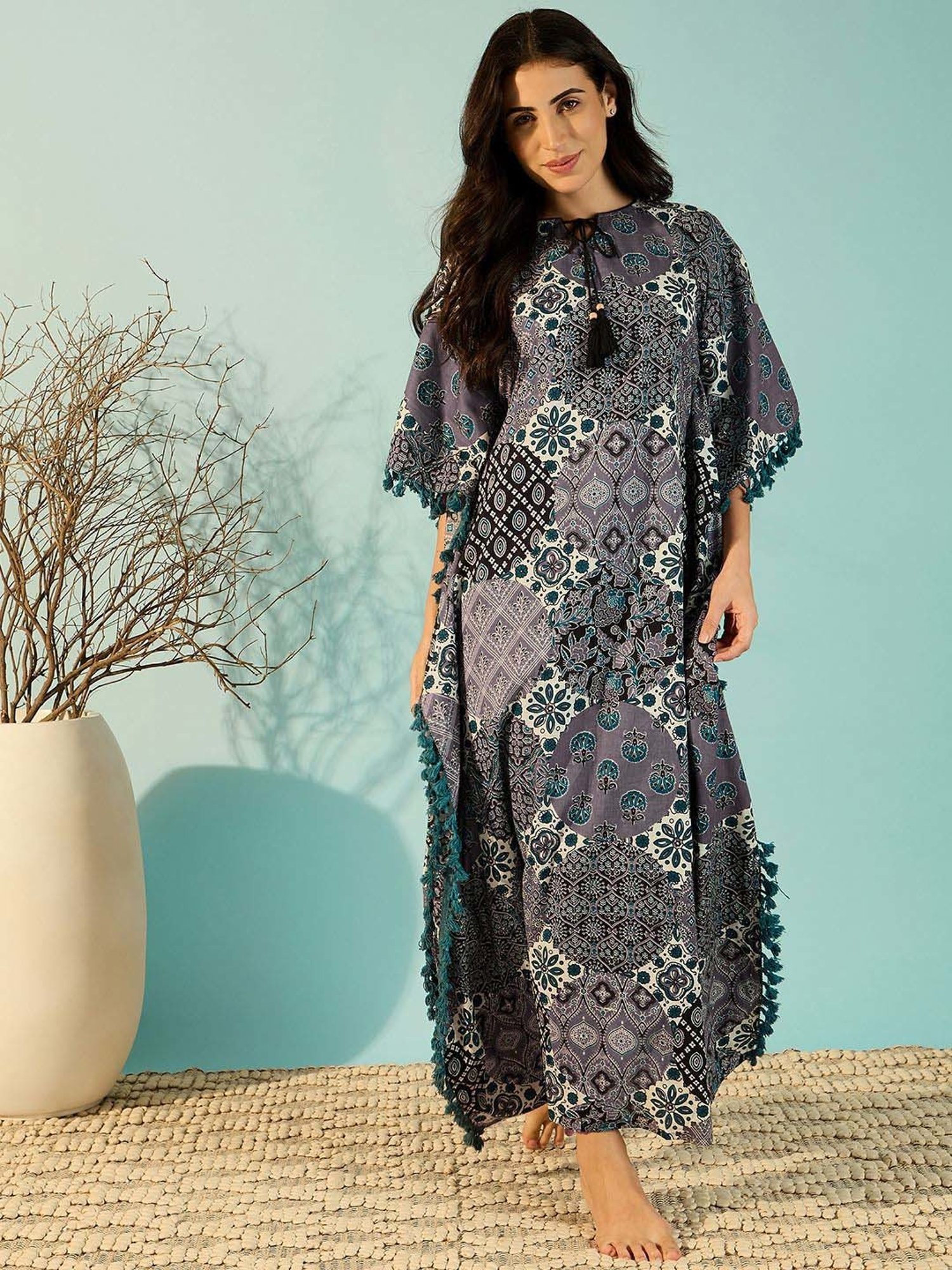 The Kaftan Company Purple Cotton Printed Kaftan