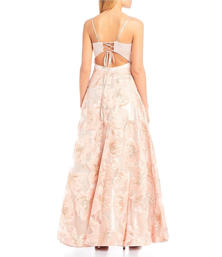 Sequin Hearts Spaghetti Strap Lace-Up Back Burn-Out Organza Skirt Ball Gown