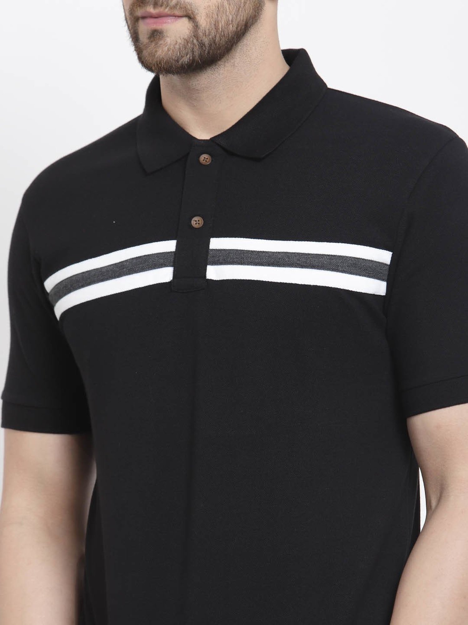 Kalt Black Regular Fit Striped Polo T-Shirt