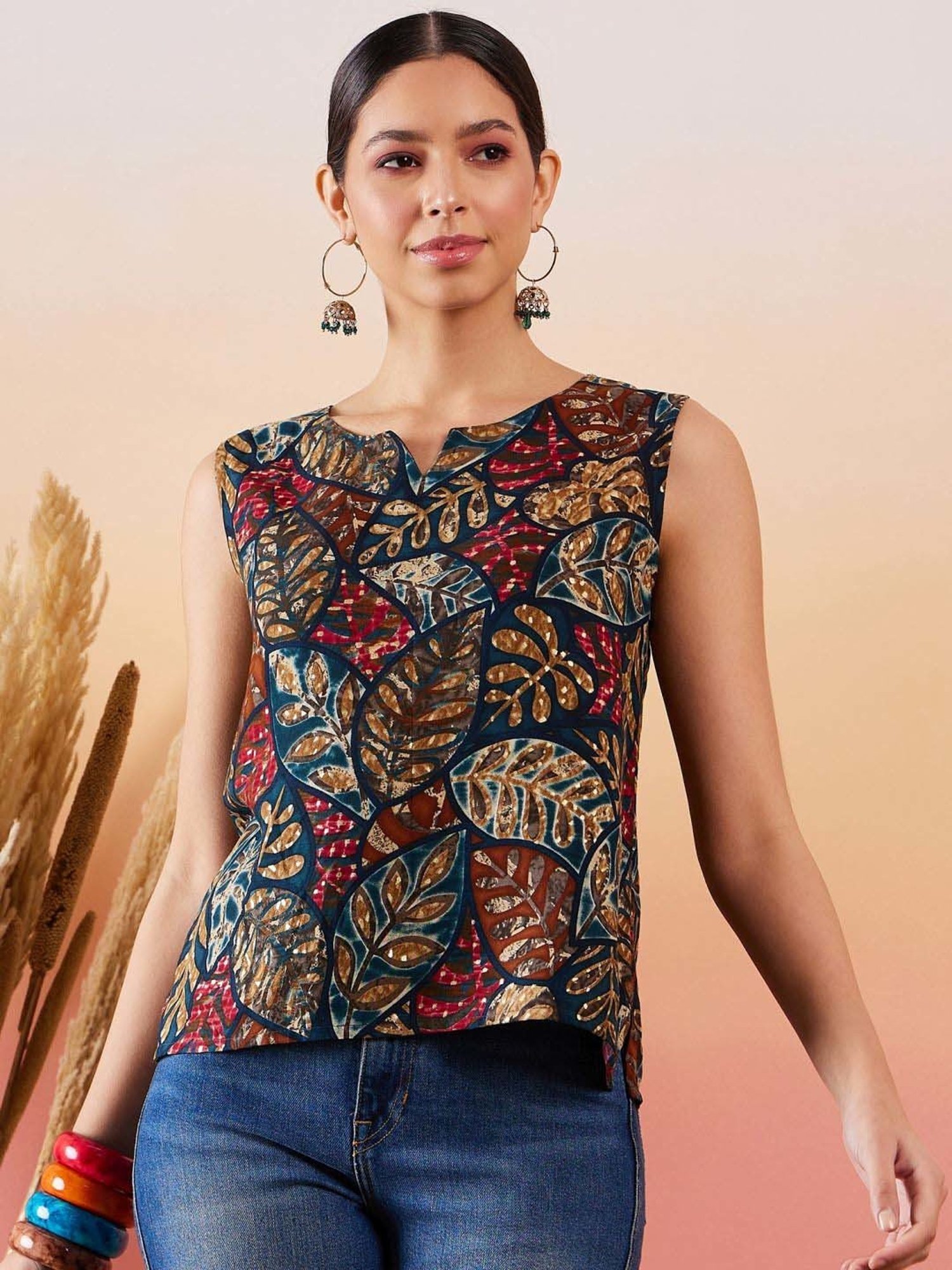 Inweave Teal Blue Printed Top