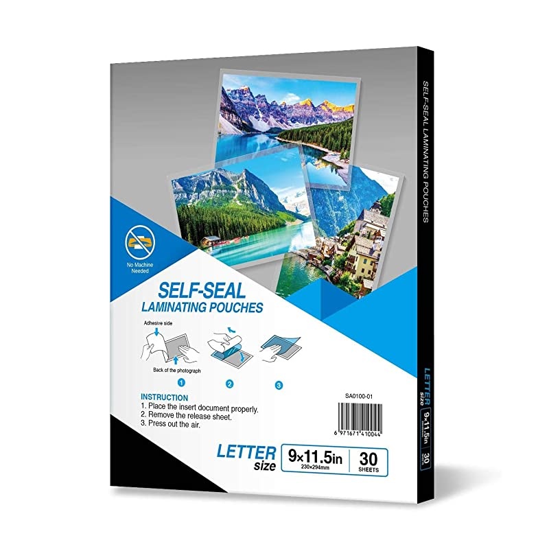Self Sealing Laminating Pouches, Waterproof Lamination Pouches, Permanent Adhesive, 9 x 11.5 Inches, 30 Sheets, 10 Mils Thick, Gloss Finish Letter Size, No Laminating Machine Needed