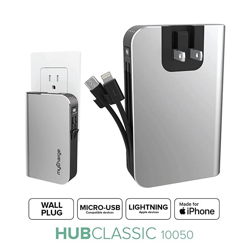 Portable Charger for iPhone &ndash; Hub 10050 mAh Internal Battery Built in Cable (Lightning, Micro USB) Power Bank Fast Charging Wall Plug USB Battery Pack External Cell Phone Backup, 55 Hrs