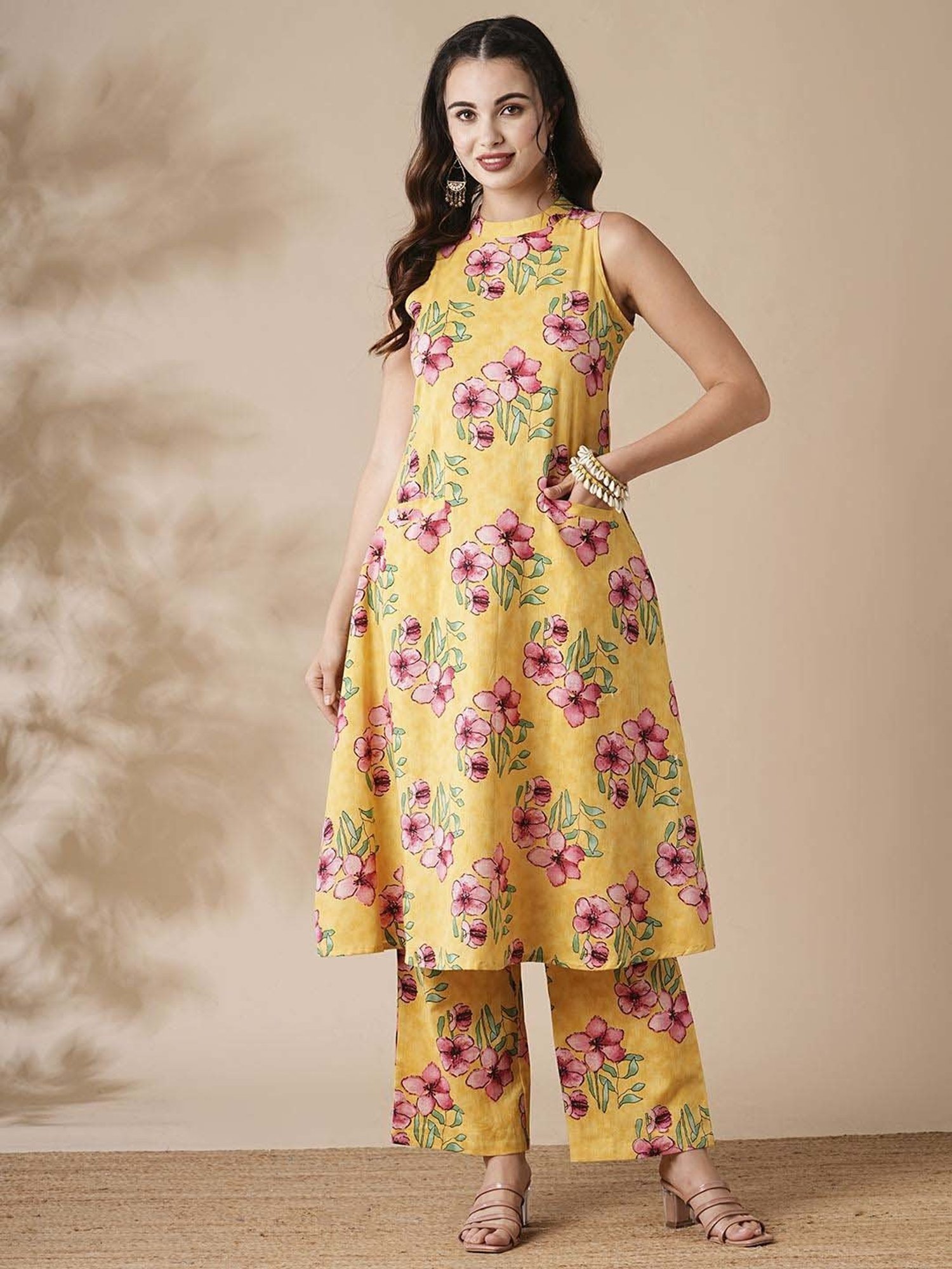 Fashor Yellow Cotton Floral Print Kurta Palazzo Set