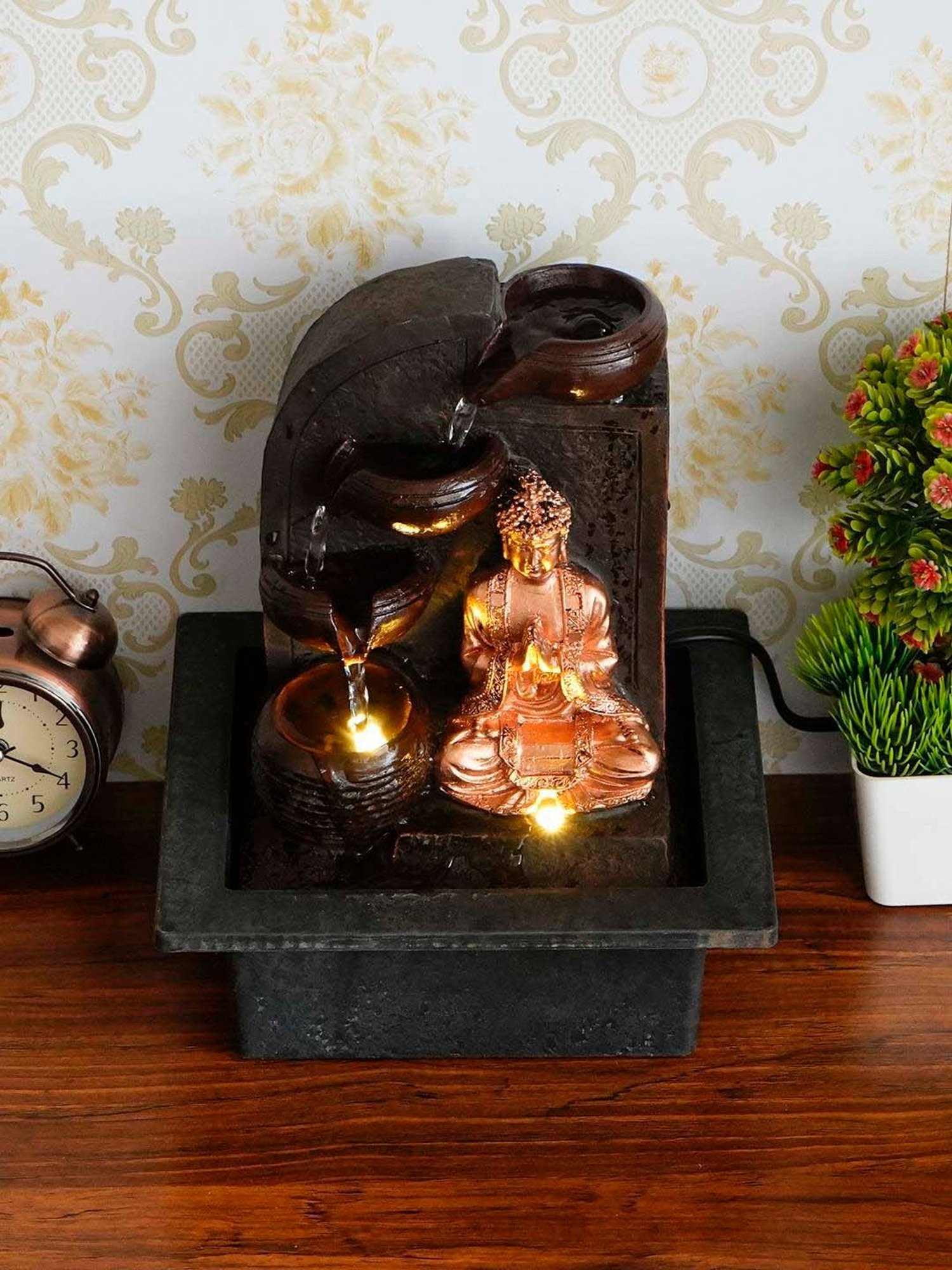 CHRONIKLE Brown & Golden Polyresin Namaskara Mudra Buddha 3 Steps Waterfall Fountain