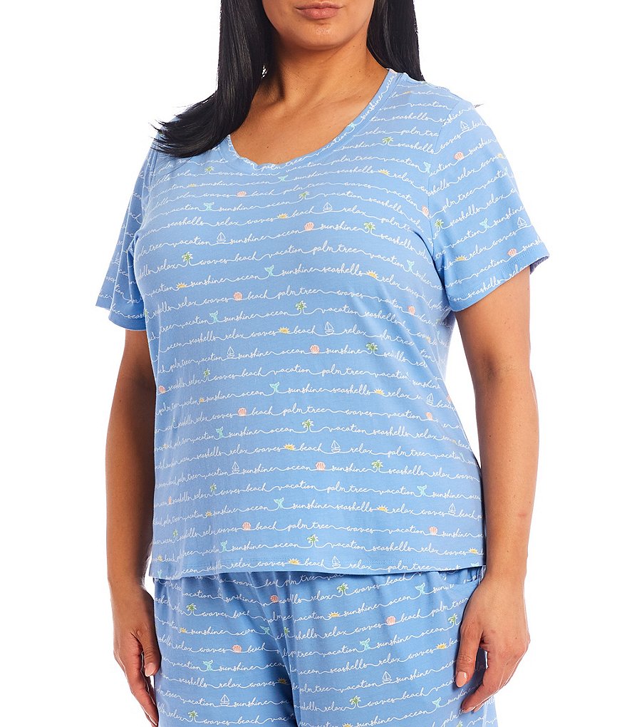 Sleep Sense Plus Vacation Script Printed Jersey Knit Coordinating Sleep Tee