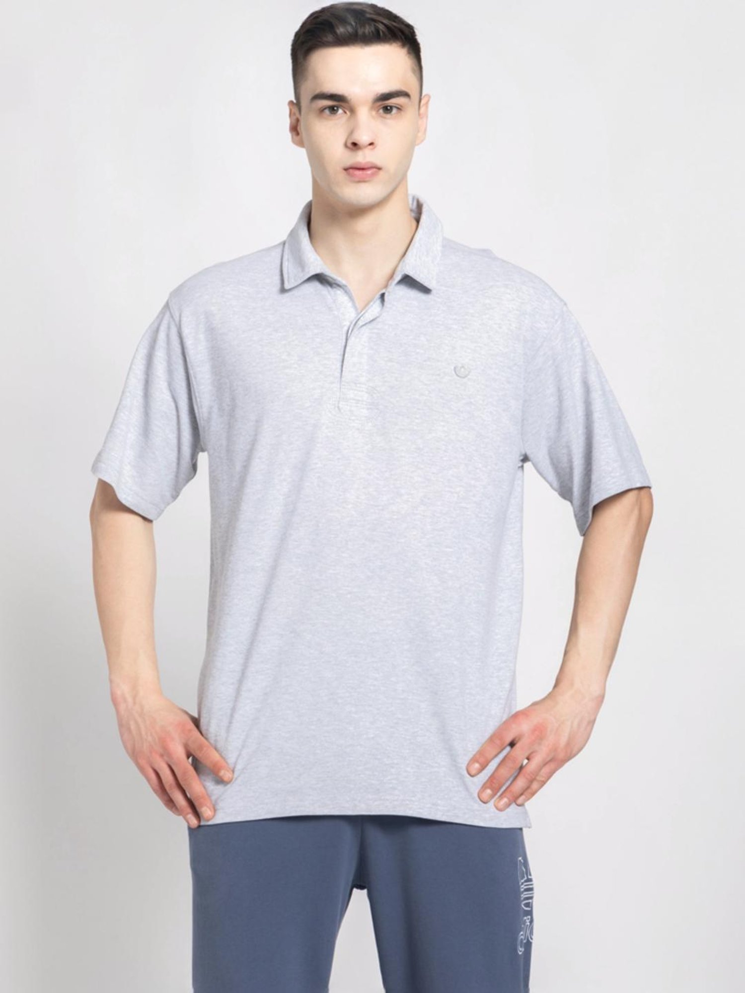 Adidas Originals Grey Cotton Loose Fit Texture Polo T-Shirt