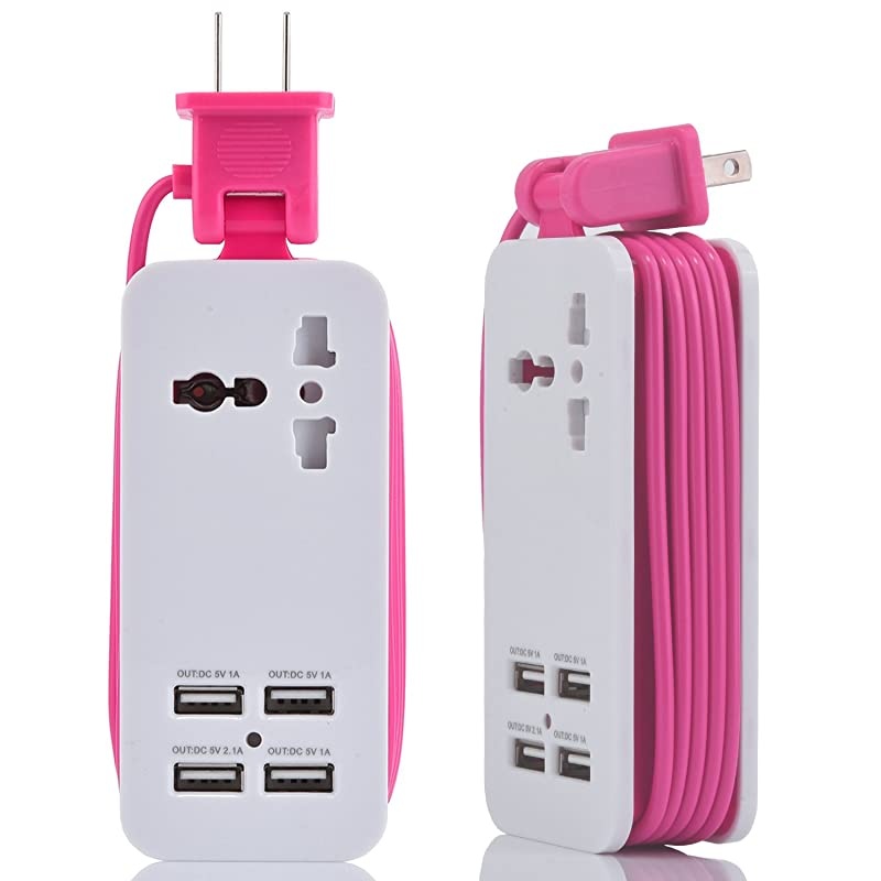 Power Strip, Portable Travel Charger Outlets 2.1AMP+1AMP 21W 1.5M/5ft Power Supply Cord with Universal Plug Wide Range Input 100v-240v Power Sockets Charger Station 4 Port Charger (Pink)