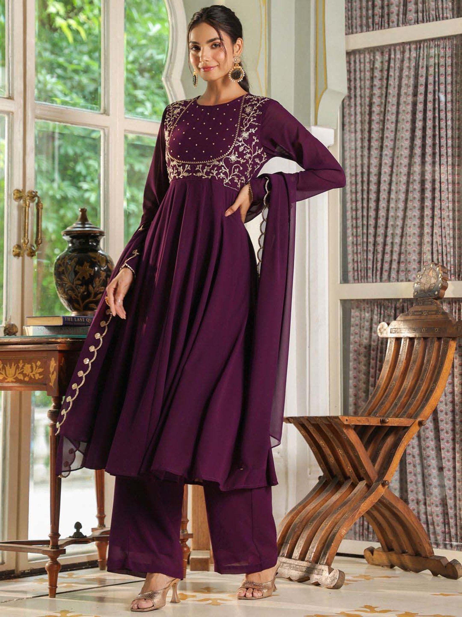Janasya Purple Embroidered Kurta Palazzo Set With Dupatta
