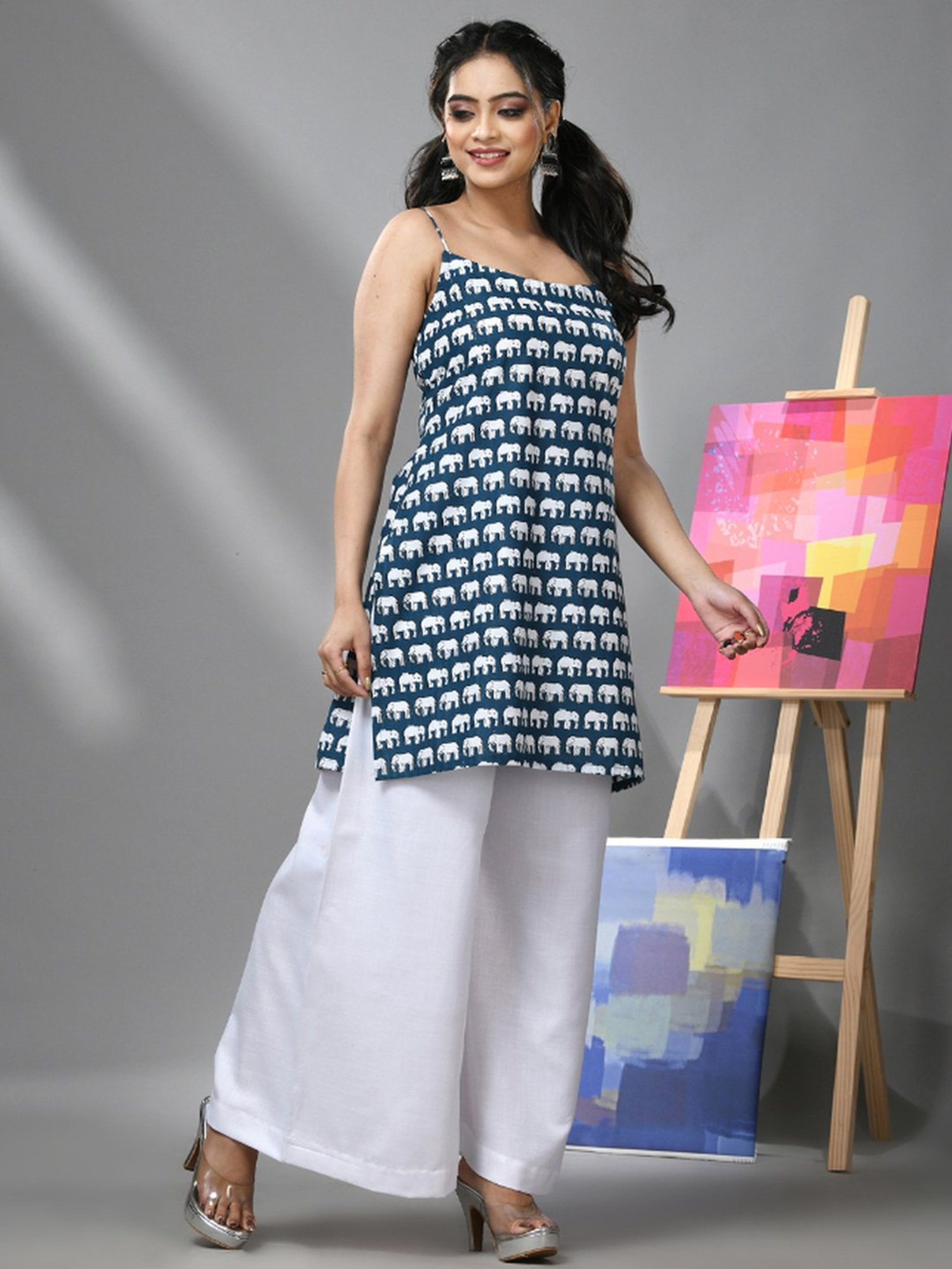 CHARUKRITI Blue & White Cotton Printed Kurti Palazzo Set