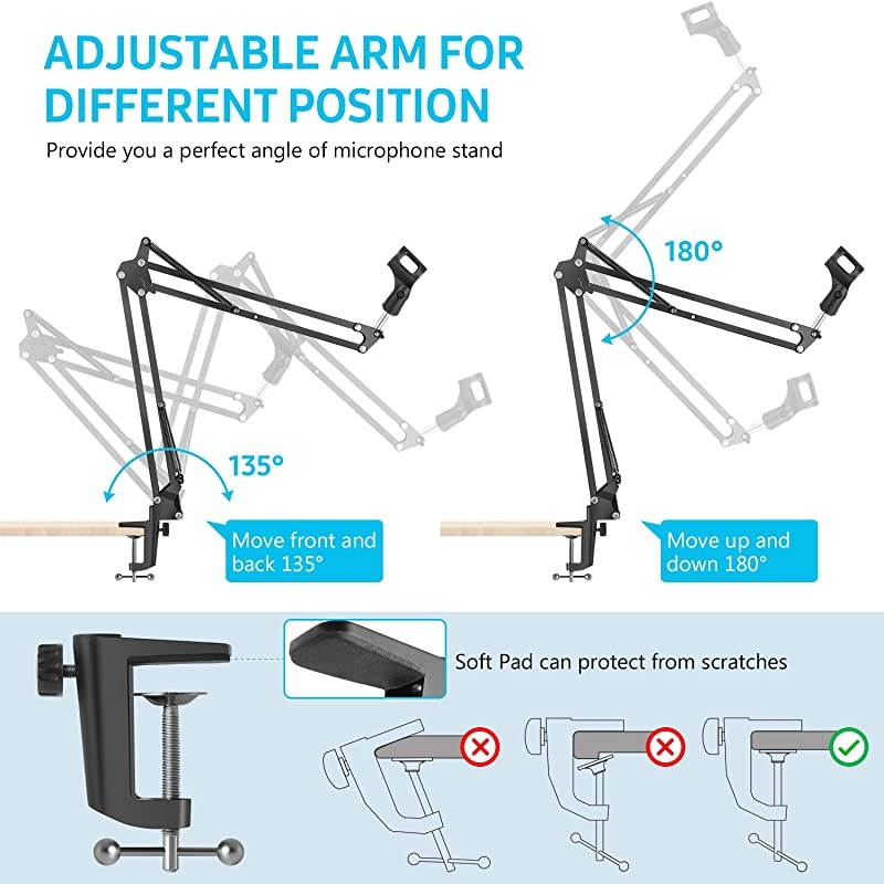 Microphone Arm Upgraded Mic Arm Microphone Stand Boom Suspension Stand with 38quot to 58quot Screw Adapter Clip for Blue Yeti Snowball Yeti Nano Yeti x and other Mic