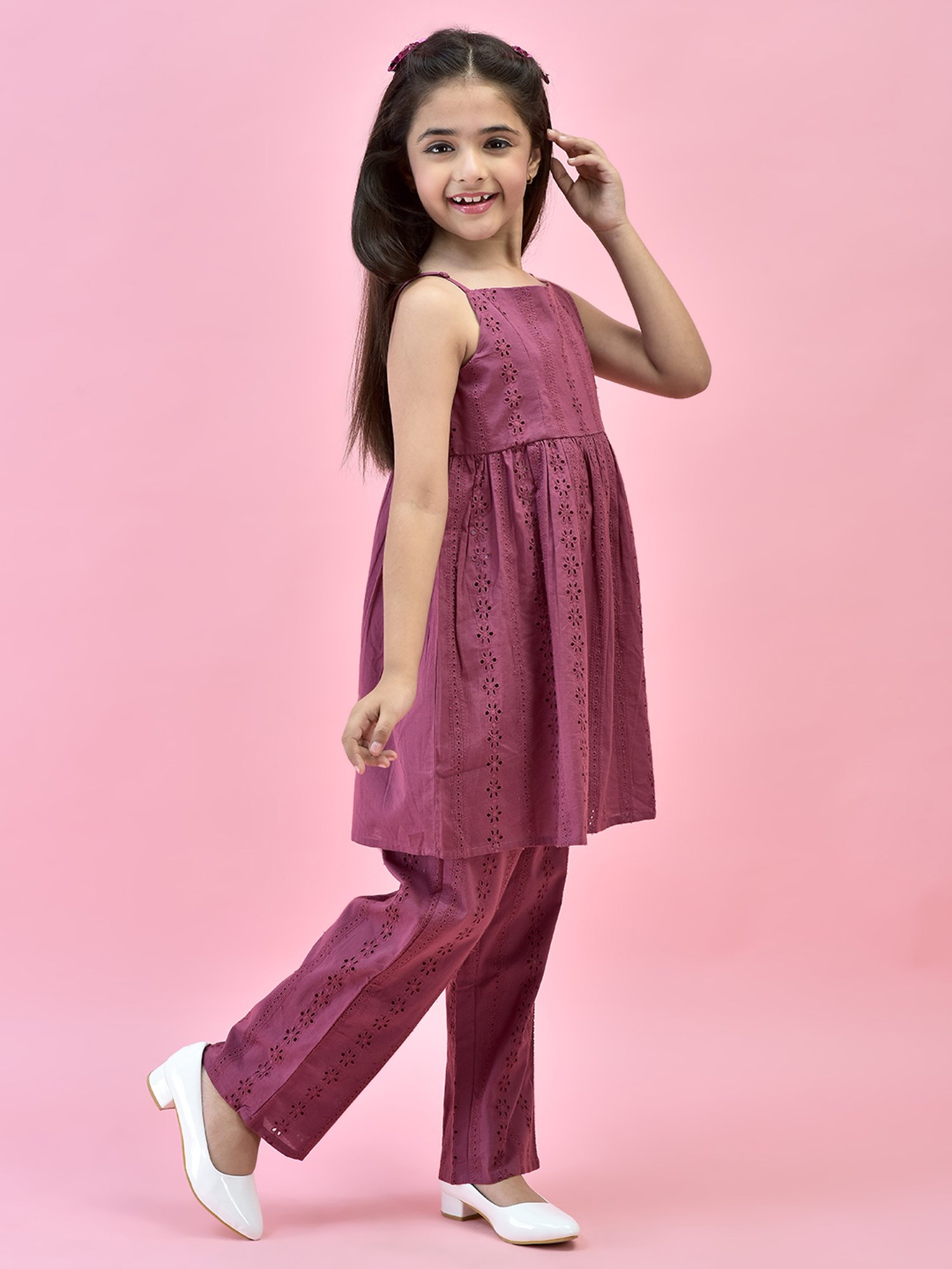 Juniper Girls Wine Self Design Kurta With Pants
