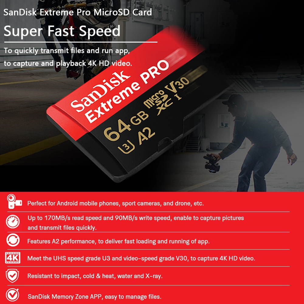 Genuine Original SanDisk Extreme Pro 64GB MicroSD Card U3 C10 A2 V30 4K TF Card Memory Card Super Fast Speed 170MB/s Read 90MB/s Write