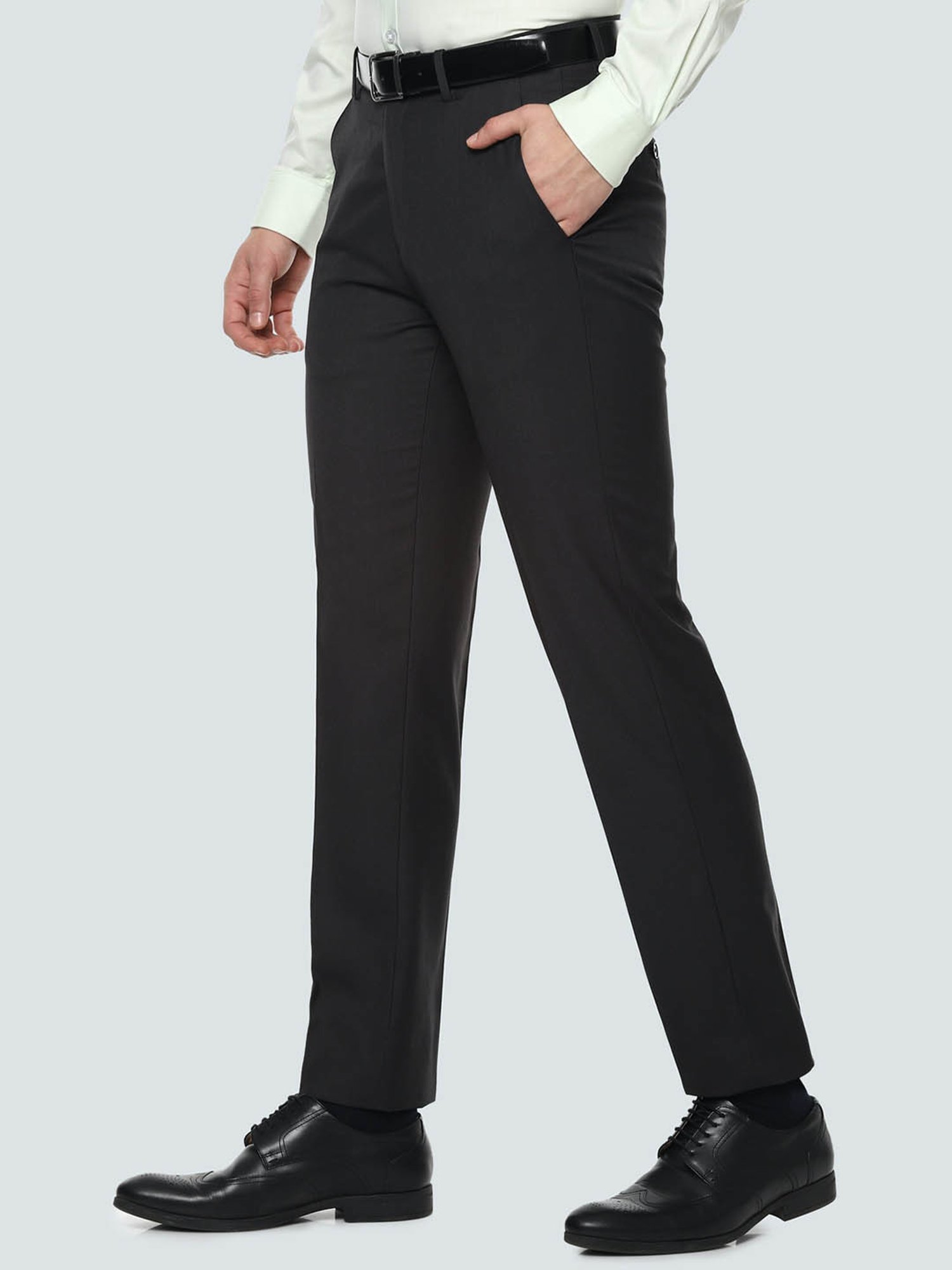 Louis Philippe Dark Grey Regular Fit Flat Front Trousers
