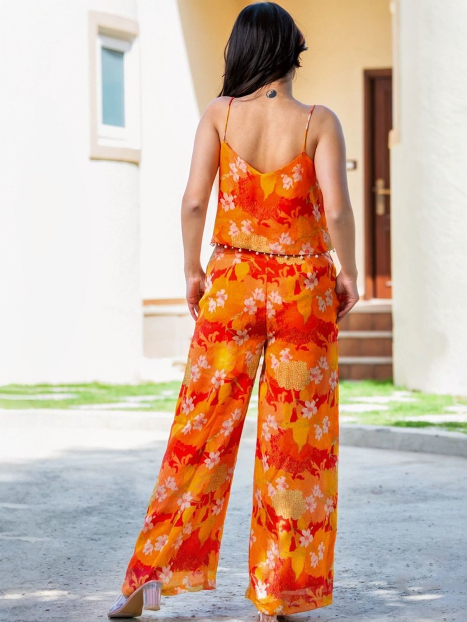 HOUSE OF JAMOTI Yellow & Orange Printed Crop Top Palazzo Set