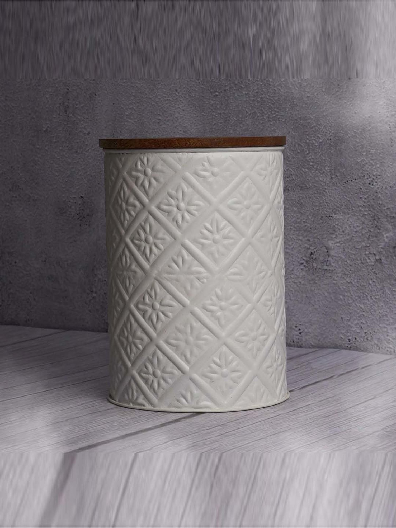 Femora White Steel Canister Hammered Finish Airtight Storage Jar With Wooden Lid (0.9 L) - Set of 4
