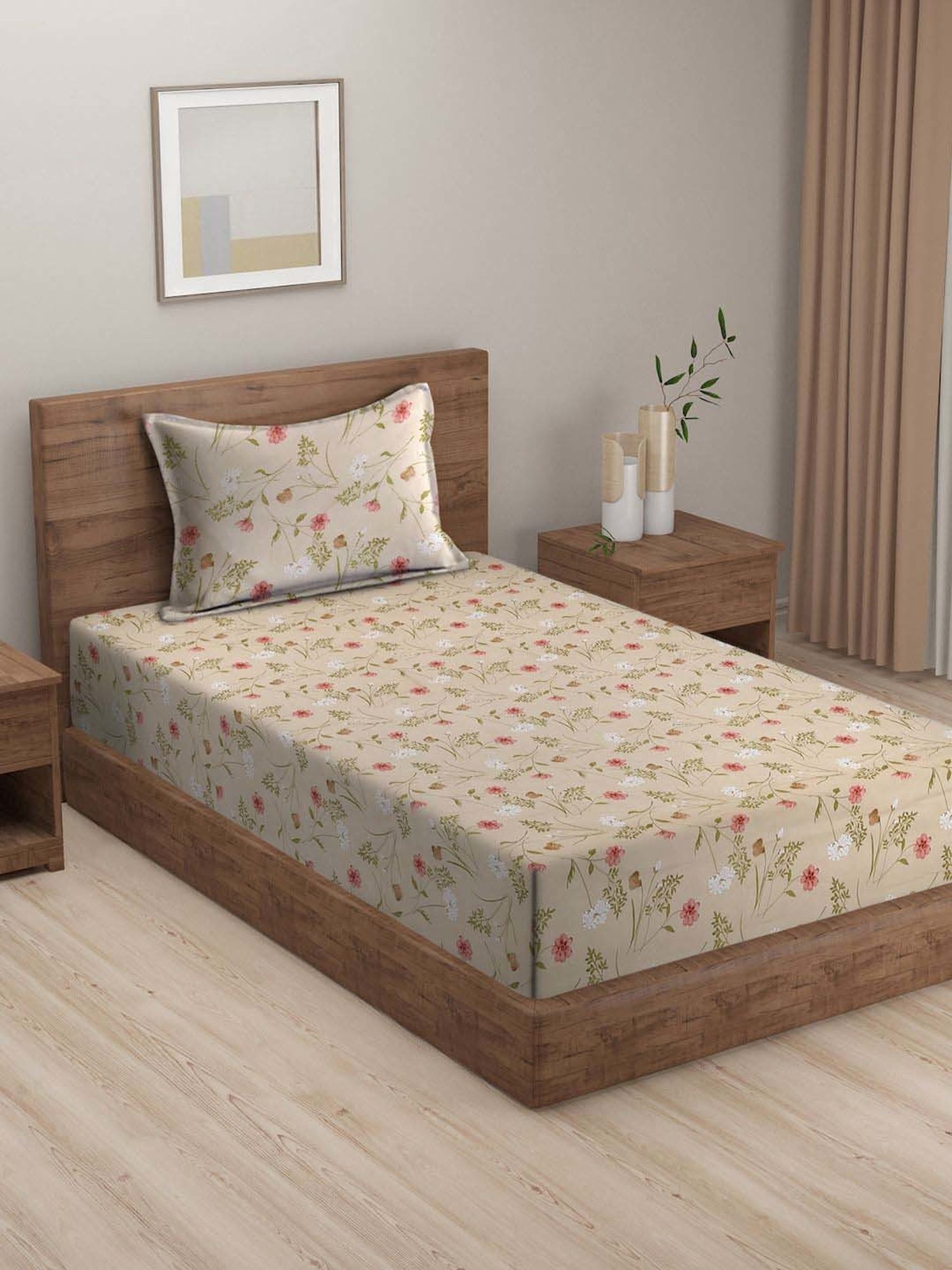 HOSTA HOMES Beige Cotton 280 TC Single Bedsheet with 1 Pillow cover