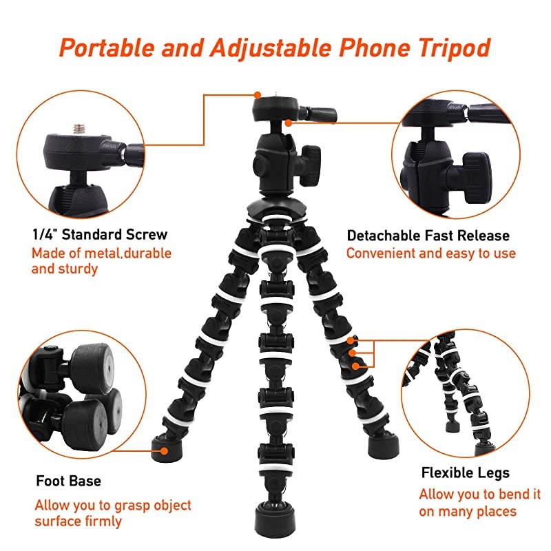 Phone Tripod,  Octopus Phone Tripod Portable and Adjustable Tripod Stand Holder with Universal Clip and Bluetooth Remote Compatible with Most Smartphones, GoPros, and Digital Cameras
