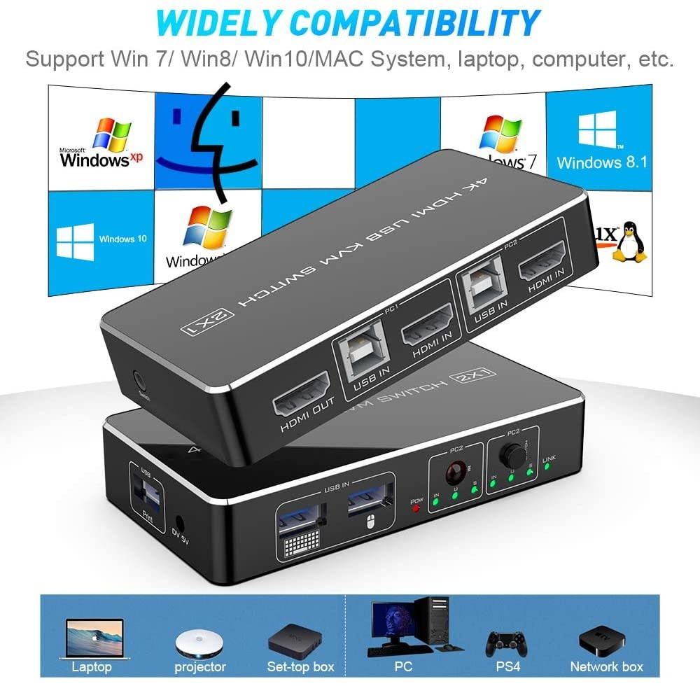 Eletrand HDMI KVM Switch 2 Port in 1 Port Out Sharing 2 Computers with One Keyboard Mouse Monitor HUD 4K (3840x2160) USB KVM Hotkey Metal Switch with USB Cable for Wireless Keyboard and Mouse
