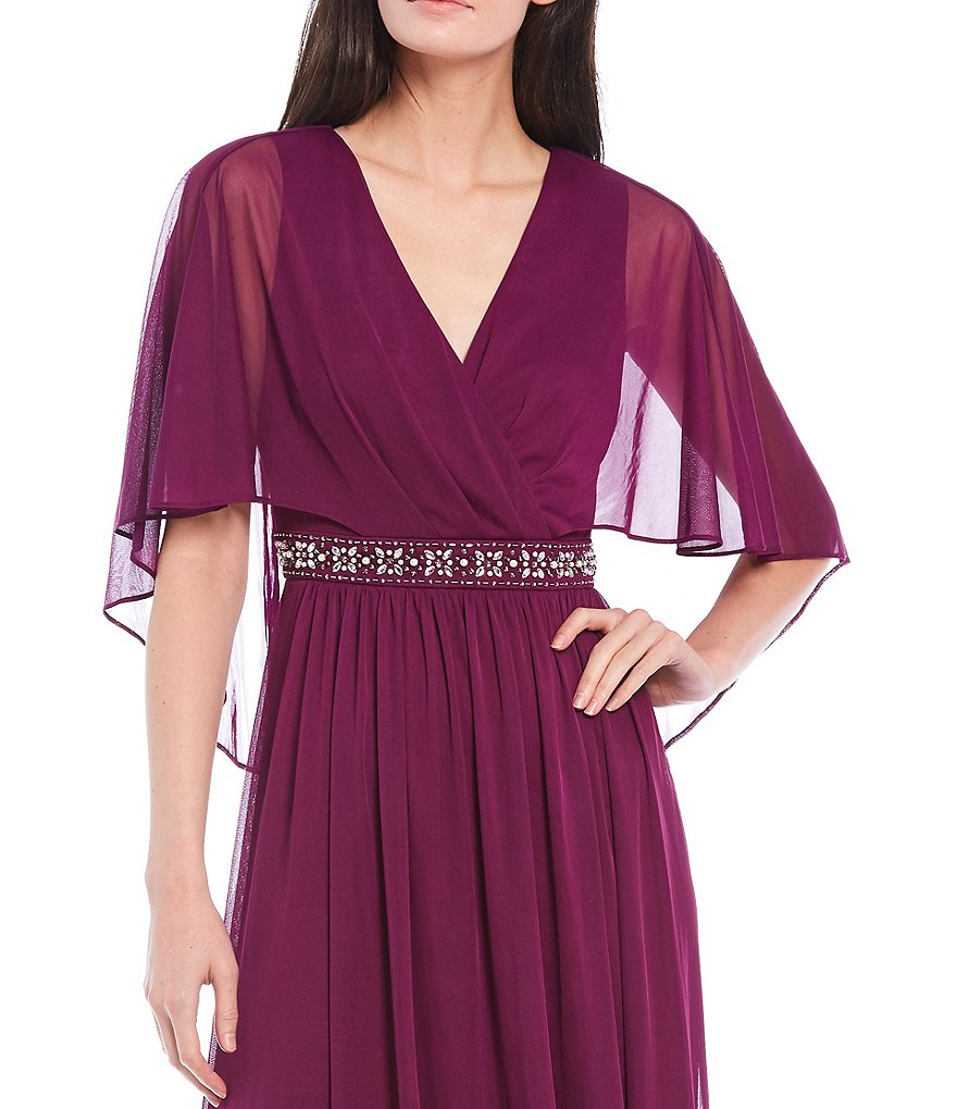 Jessica Howard Petite Size Matte Jersey Chiffon Beaded Waist V-Neck Caplet Gown