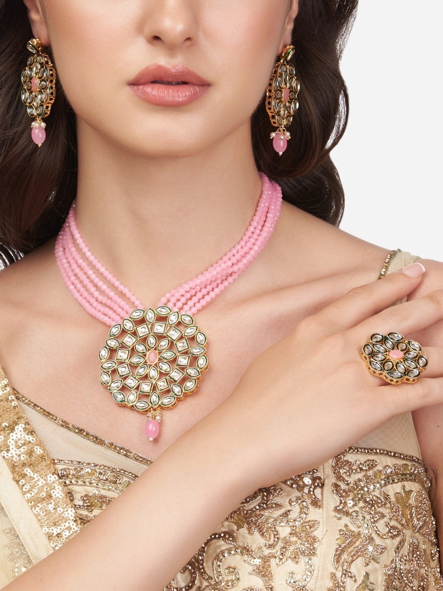 Zaveri Pearls Pink Multistrand Beaded Kundan Long Necklace Earring & Ring Set-ZPFK13783