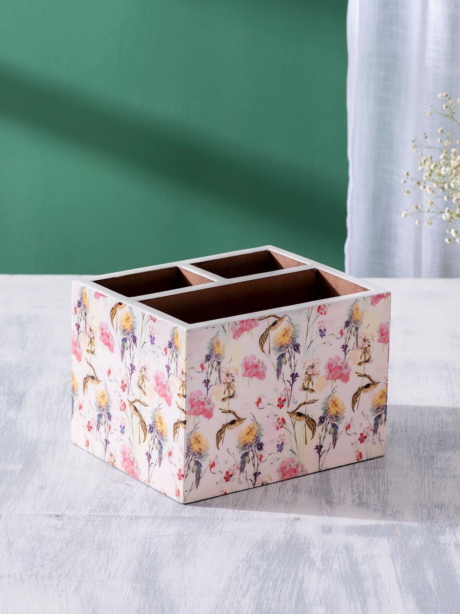 Nestroots Printed Pink Mango Wood 3 Section Cutlery Holder