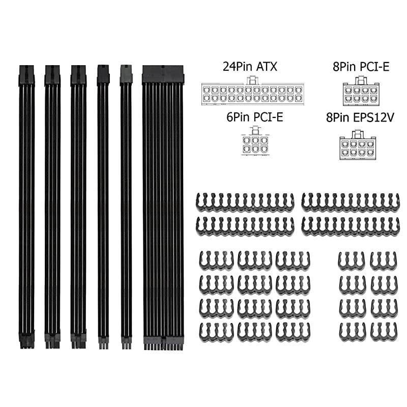 Braided ATX Sleeved Cable Extension Kit for Power Supply Cable Kit PSU Connectors 24 Pin 8 Pin 6 Pin 4 + 4 Pin 6 Pack with Cable Comb 24 Pieces Set 24Pin 8Pin 6Pin Black
