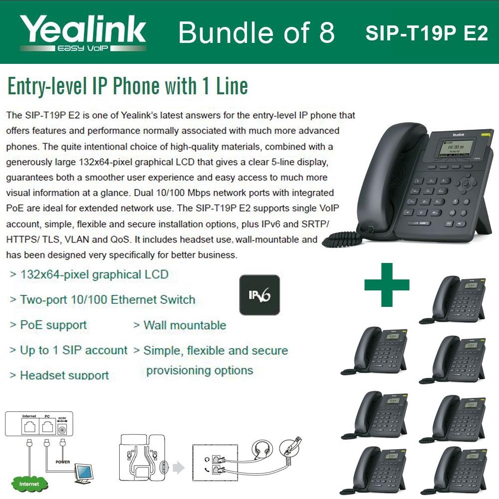 Yealink T19P E2 8-PACK VoIP Phone with 1 Line, PoE support Dual 10/100 Mbps