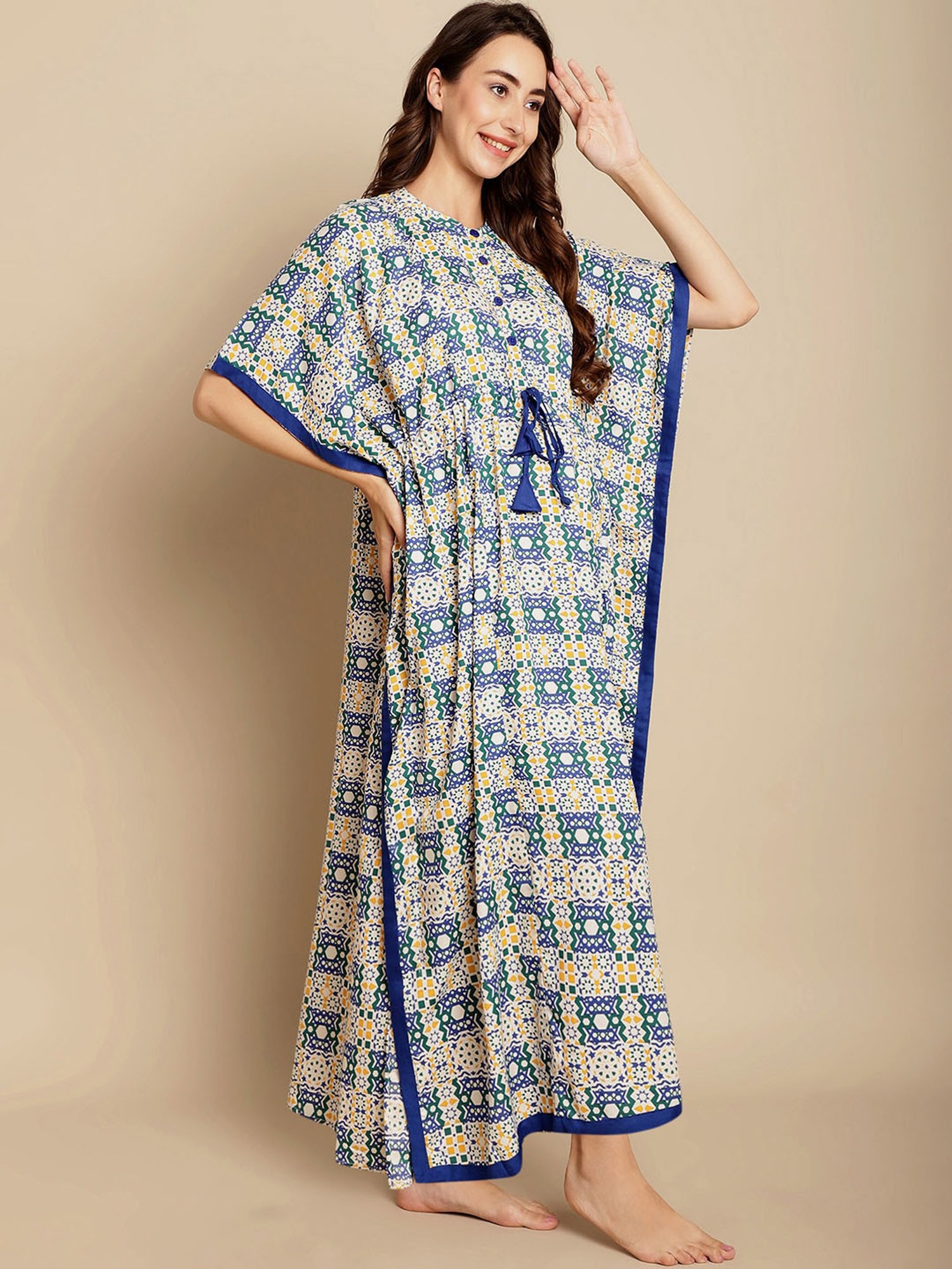 Secret Wish White & Blue Printed Maternity Kaftan Nighty