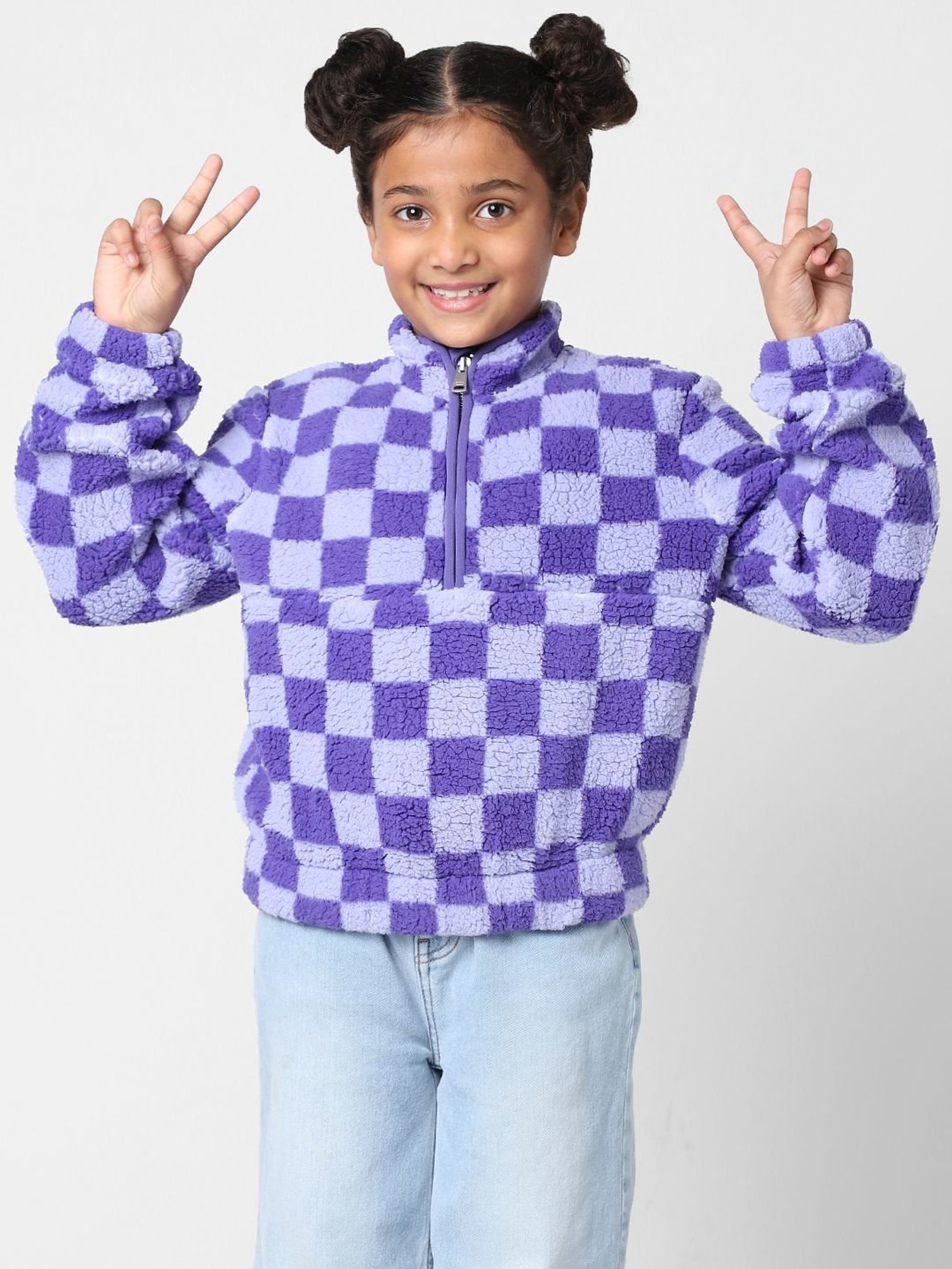 KIDS ONLY Kids Purple Chequered Full Sleeves Sweatshirt
