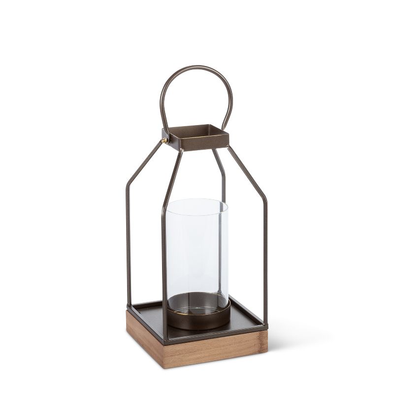 Everlasting Glow 13-Inch Tall Contemporary Bronze-Brown Metal Lantern with Wood Base and Glass Tube (Set of 2)