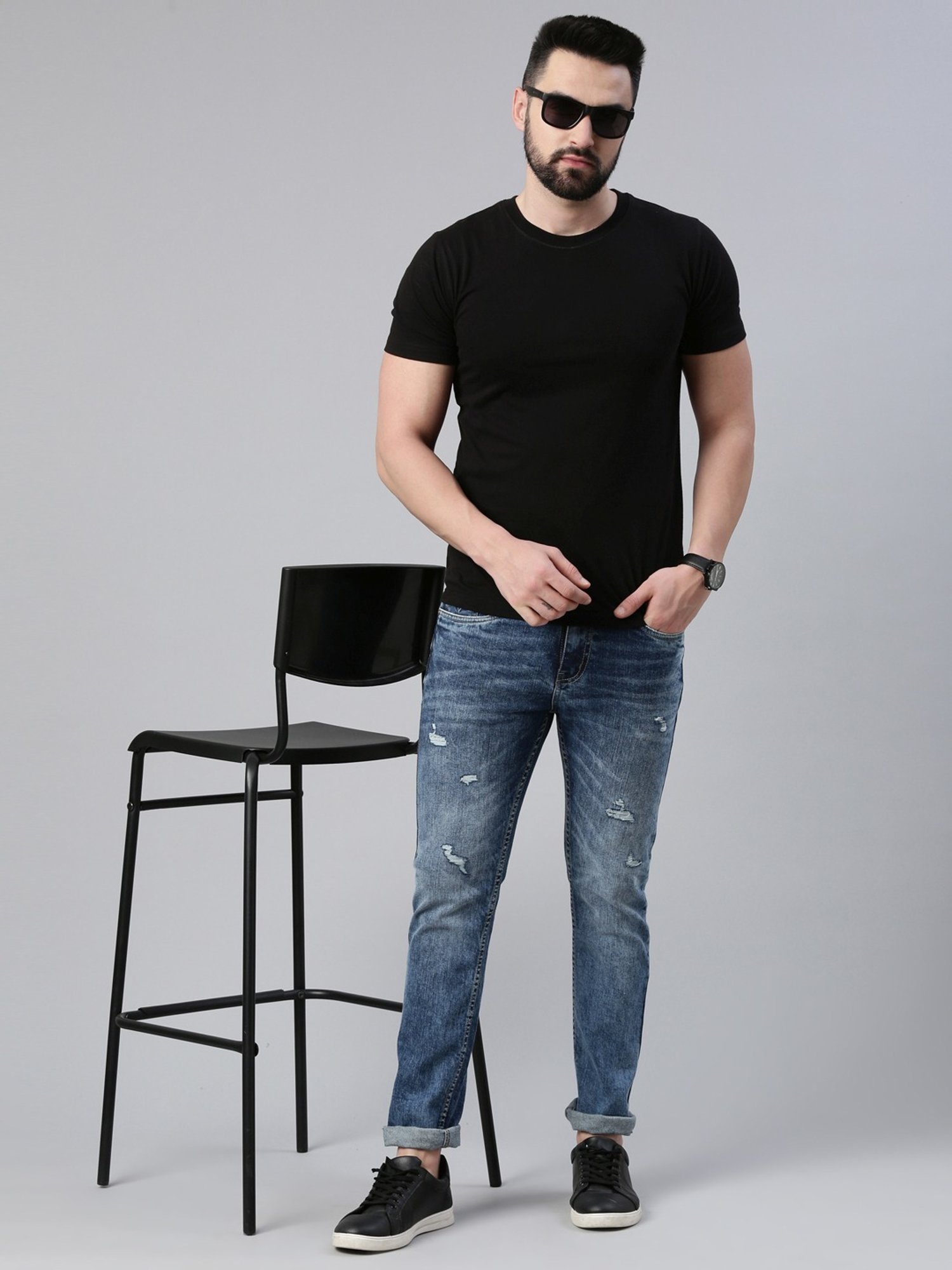 CINOCCI Blue Cotton Slim Fit Distressed Jeans