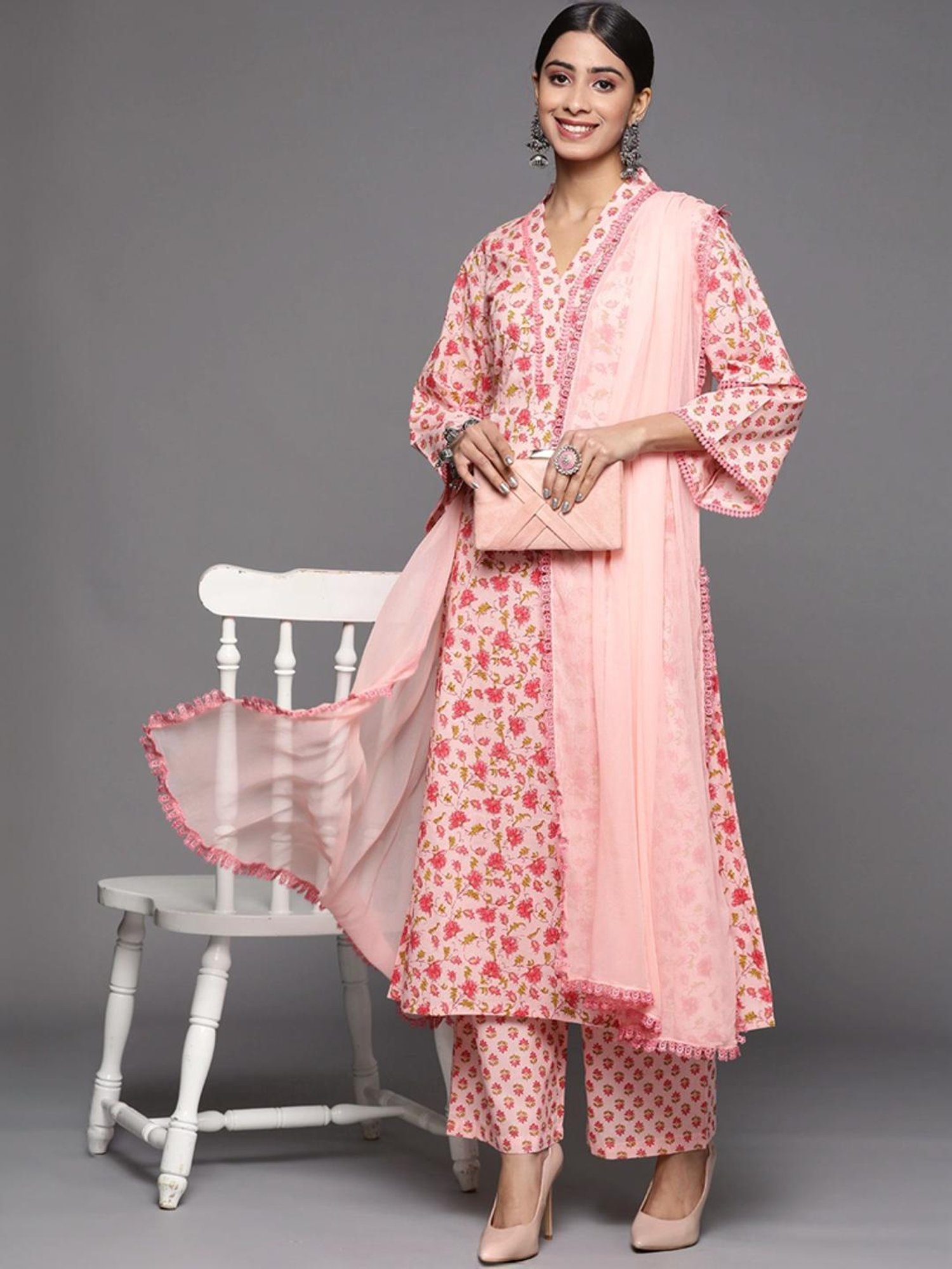 Varanga Pink Cotton Floral Print Kurta Pant Set With Dupatta