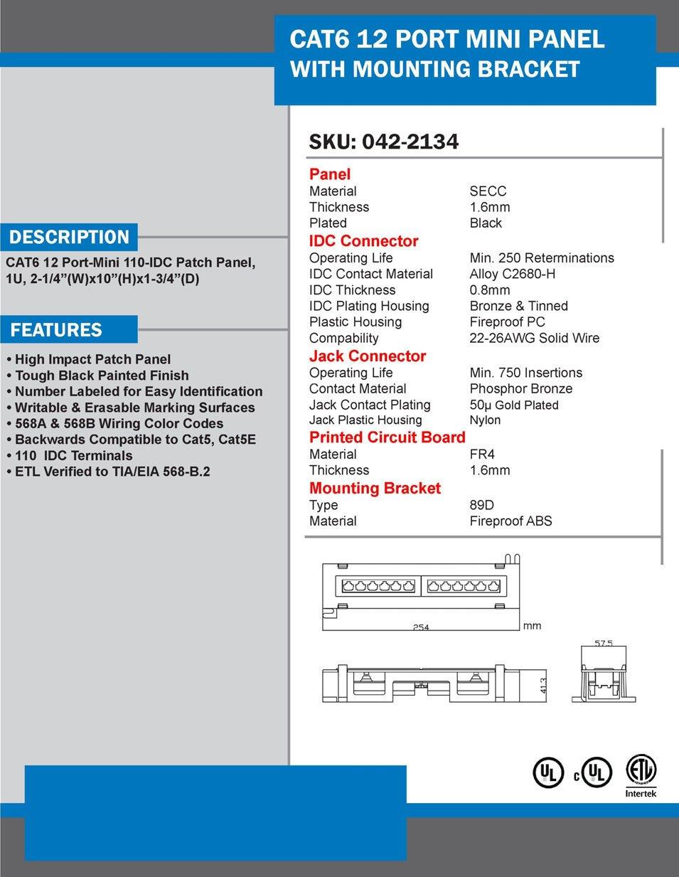 Vertical Cable Cat6 12 Port Vertical Mini Patch Panel with Mounting Bracket
