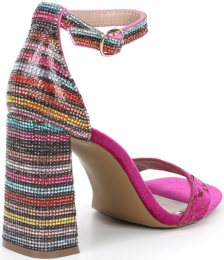 Betsey Johnson Cicely Stripe Embellished Ankle Strap Square Toe Sandals