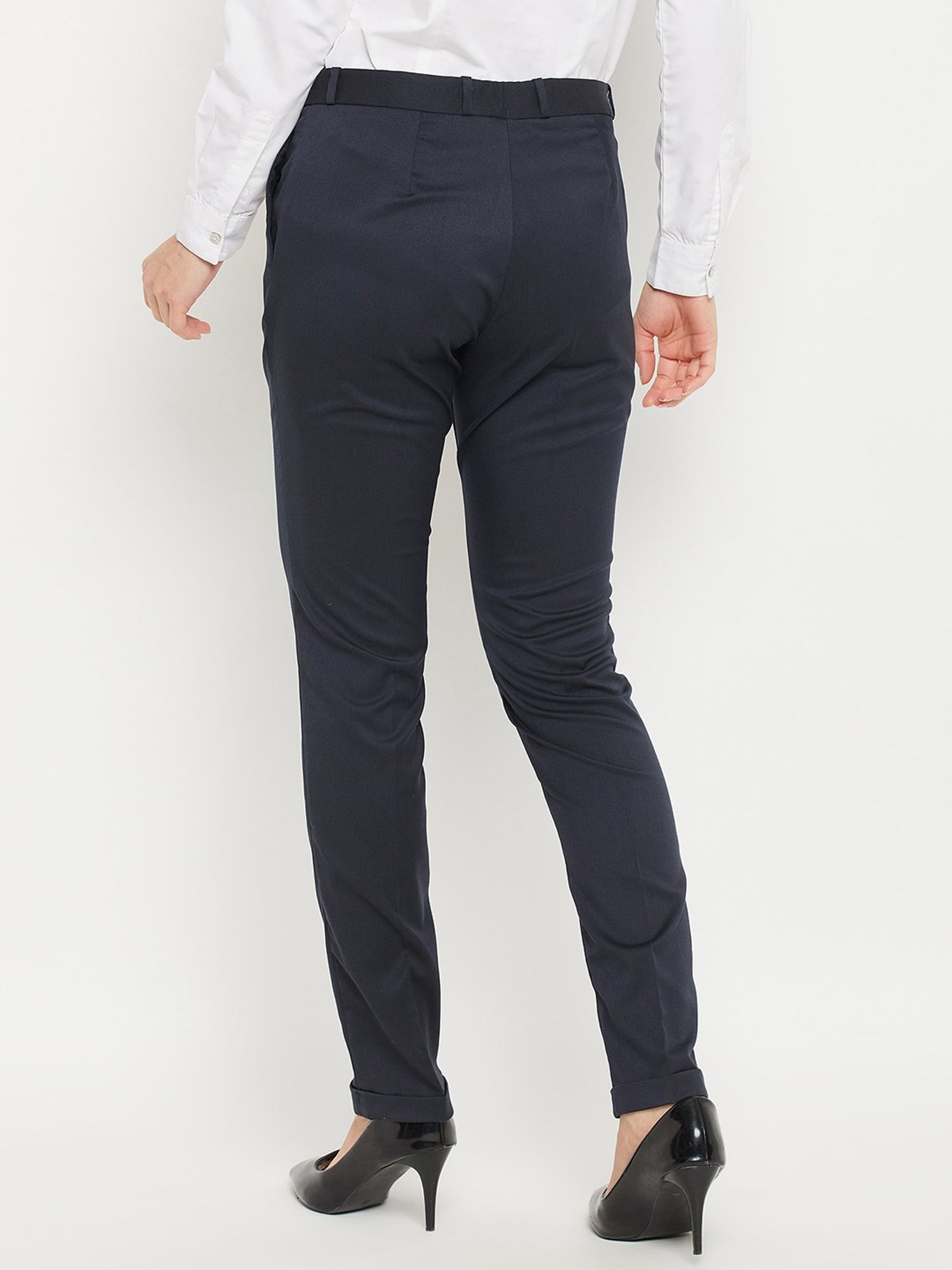 Crozo By Cantabil Dark Navy Mid Rise Flat Front Trousers