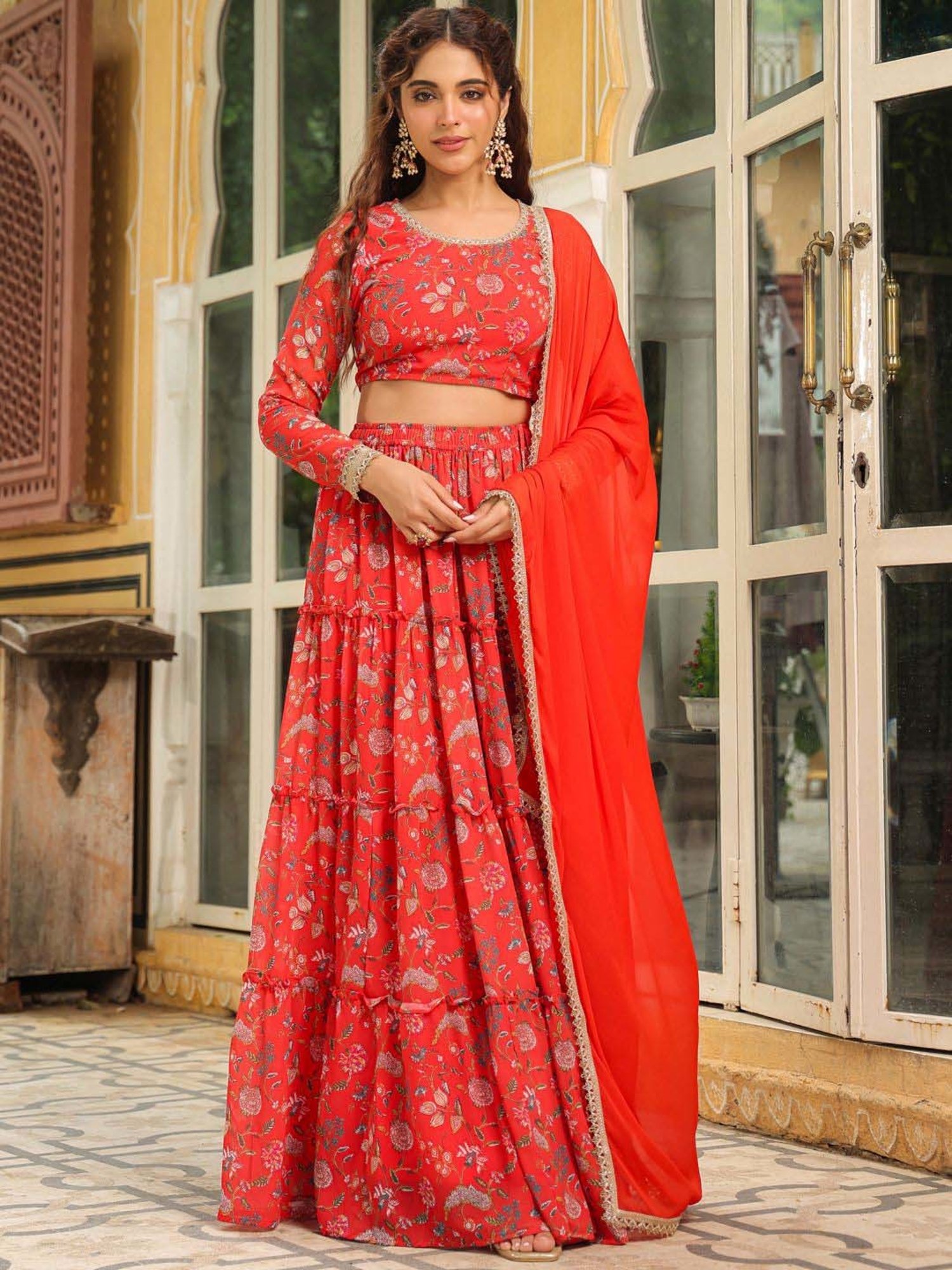 Janasya Red Printed Lehenga Choli Set With Dupatta