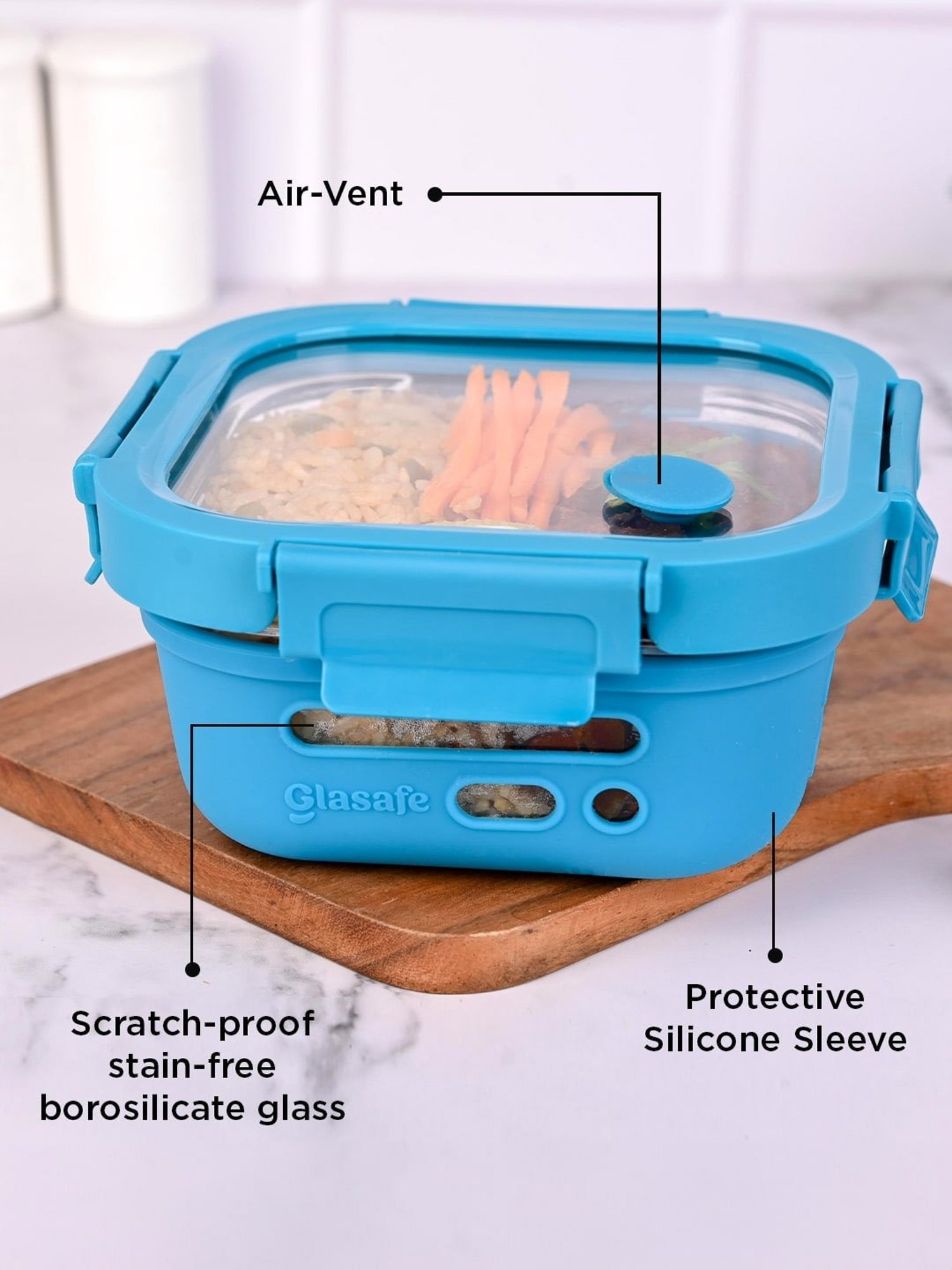 Glasafe Trio Grip Tranquil Teal Borosilicate Tiffin Combo