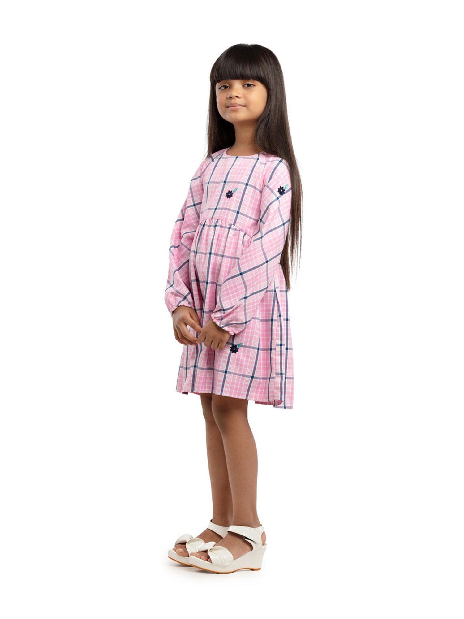 Under Fourteen Only Kids Pink Cotton Chequered Full Sleeves Dress