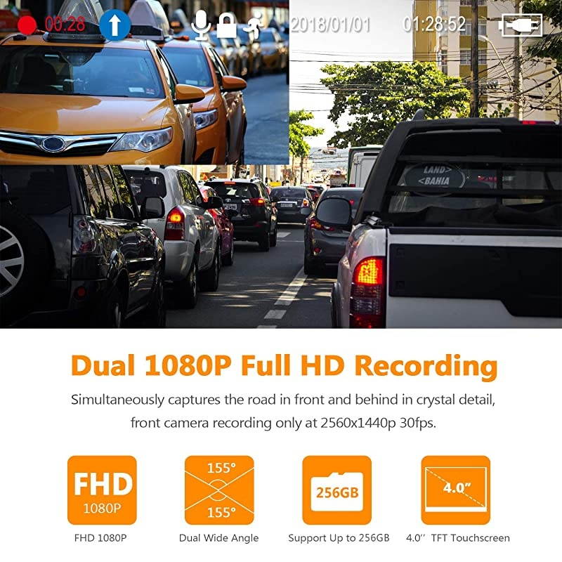 Dual Dash Cam 4.0" Touch Screen Front and Rear Dash Cam FHD 1080P with Night Mode, 32GB Card Included,155 Degree Wide Angle, WDR, G-Sensor, Loop Recording, Support 256GB Max