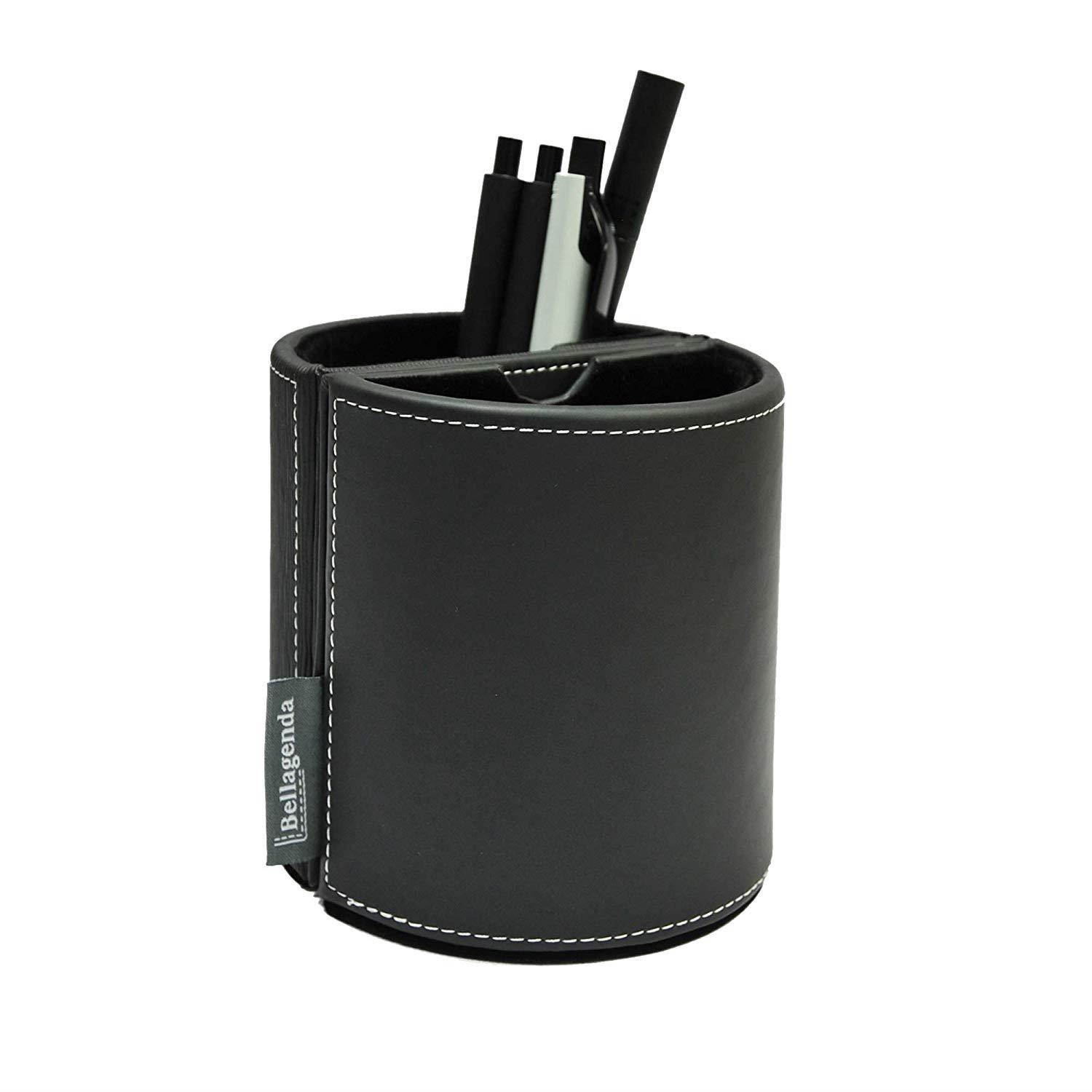 Pen Pencil Holder with Photo Frames | Desk Organizer | Desk Decoration | Multi Function Desk Stationery | Space Saver | 2 Picture Frames | Handicraft | PU Leather & Suede (Black)