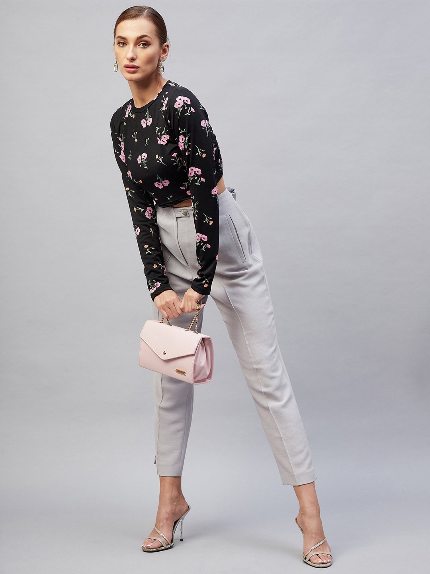 Marie Claire Black Floral Print Crop Top