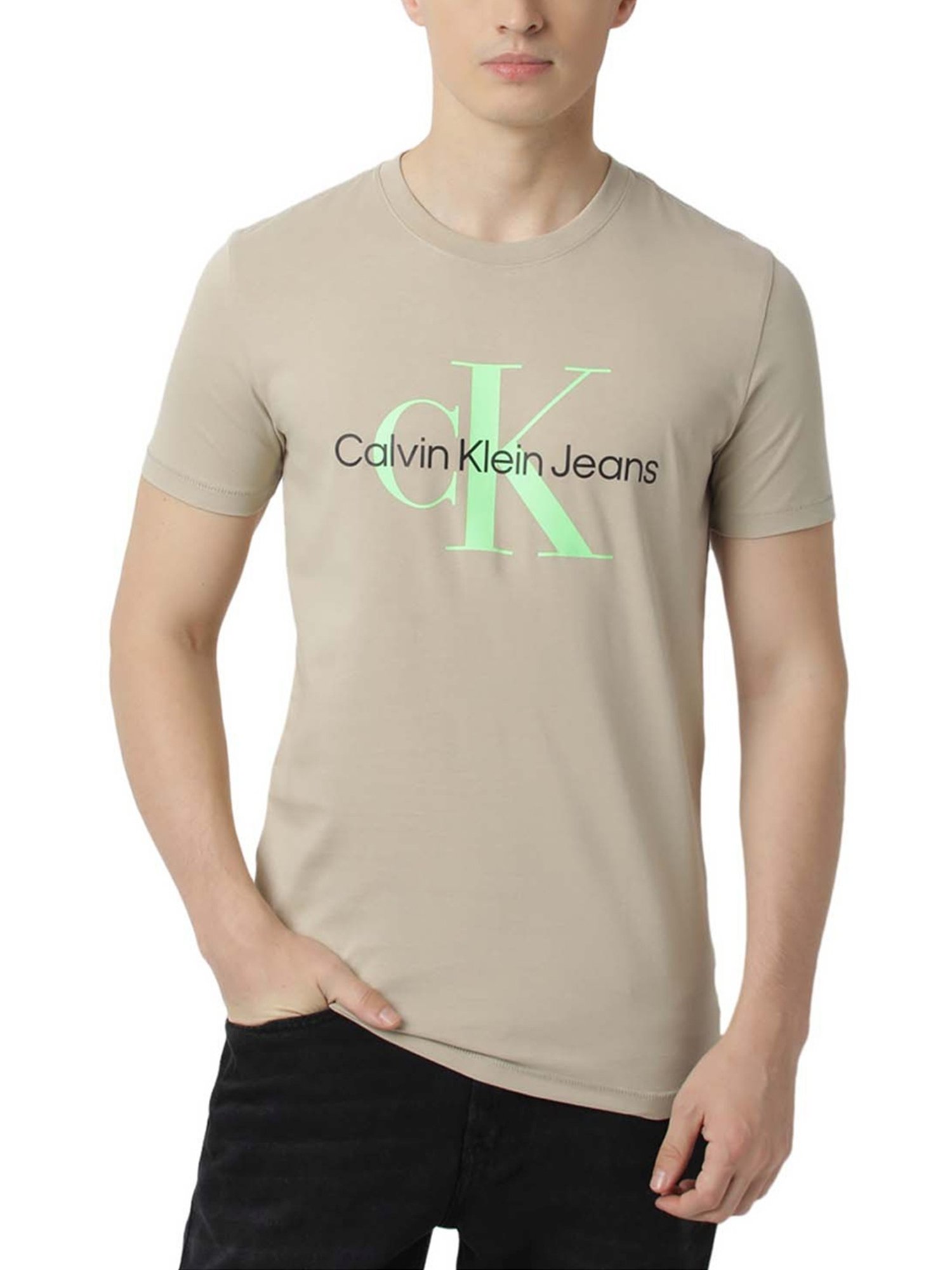 Calvin Klein Jeans Taupe & Acid Logo Slim Fit T-Shirt