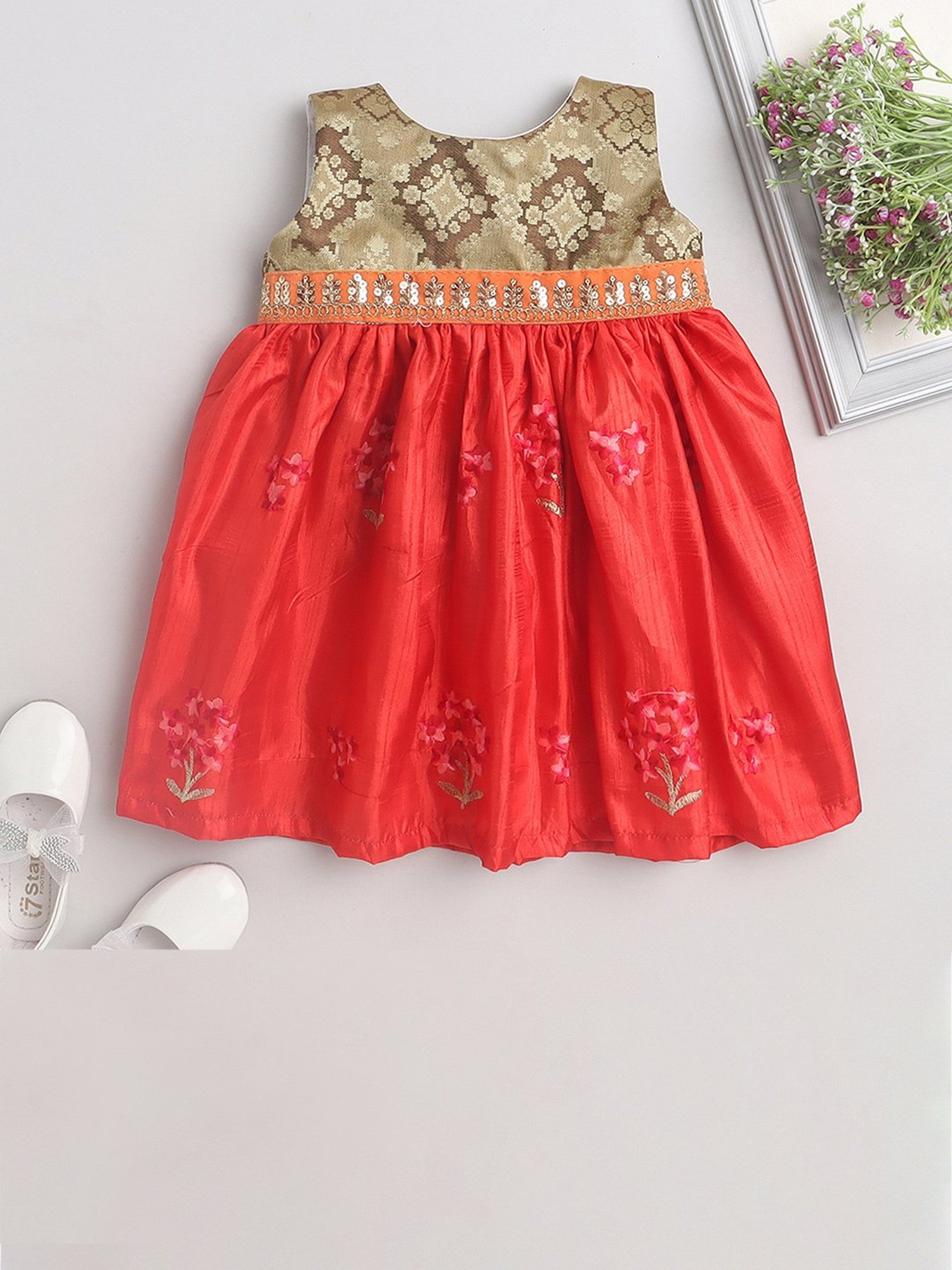 Many Frocks Kids Gold & Red Embroidered Dress