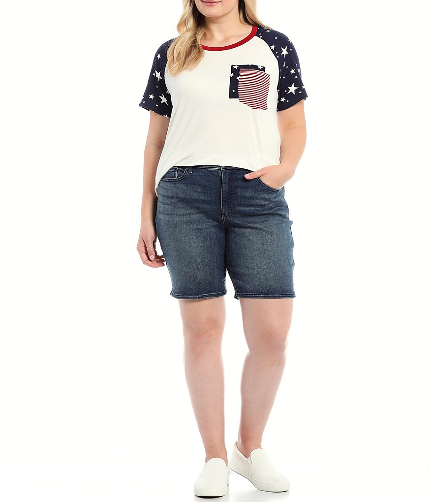 Moa Moa Plus Size Star Print Solid Color Block Double Contrast Pocket Crew Neck Short Sleeve Top