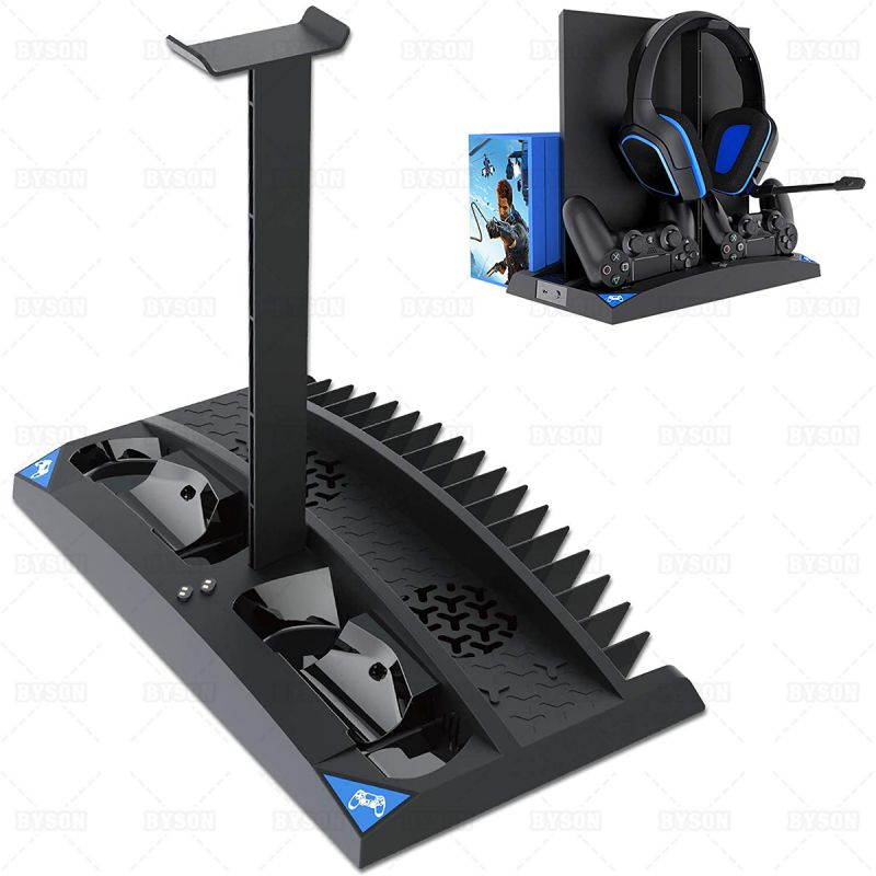 Ackmioxy PS4 Cooling Fan Vertical Cooling Stand Compatible with Ps4 Pro/Ps4 Slim/ Ps4, with 2 Controller Charger Station, 17 Games Storage Slot, 1 Headset Storage Holder