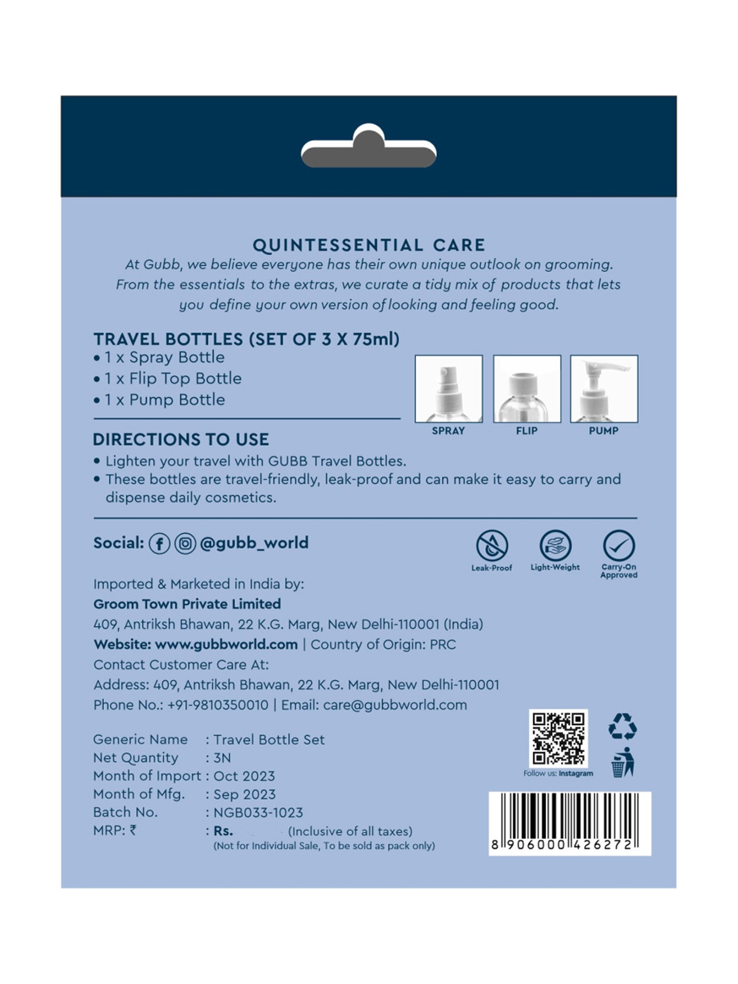 GUBB Travel Bottle Set for Toiletries - Spray Bottle, Pump Bottle & Cap Bottle