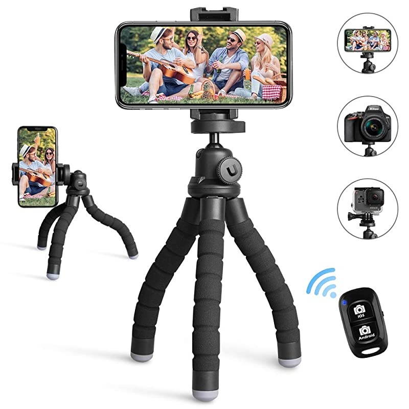 Phone Tripod, Portable and Flexible Tripod with Wireless Remote and Universal Clip, Cell Phone Tripod Stand for Video Recording (Black)