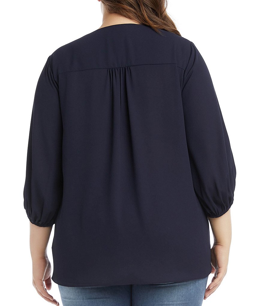 Karen Kane Plus Size Round V-Neck Crossover Blouson 3/4 Sleeve Top