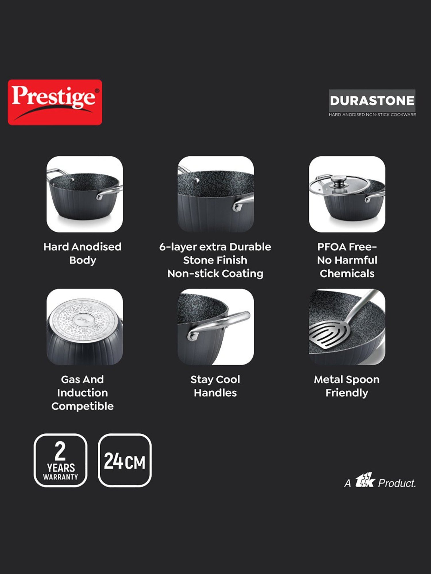 Prestige Durastone Black Aluminium Casserole with Glass Lid (4 L)