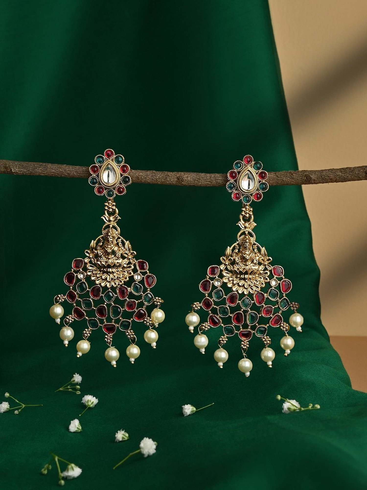Fida Multicolor and Mehendi Gold Goddess Laxmi Pearl Temple Dangler Earrings for Women